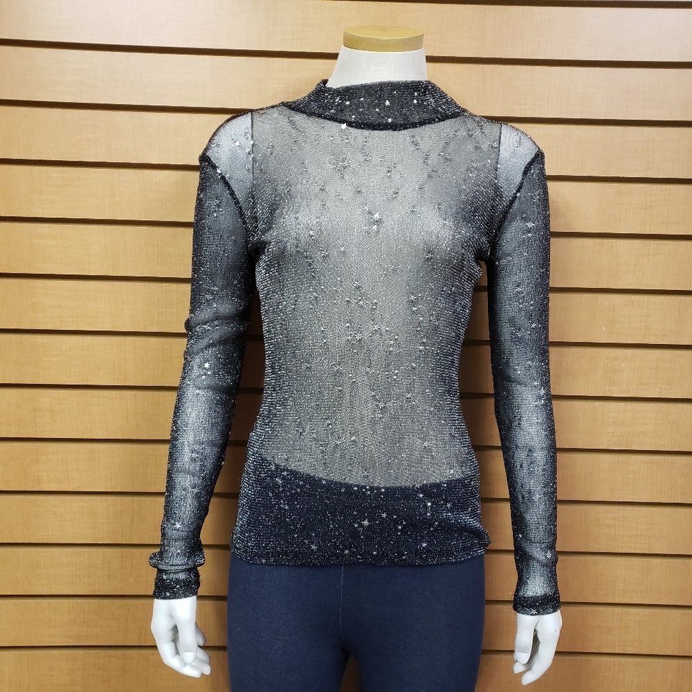 Mangopop Sheer Long Sleeve Black Stars Blouse Size Small New Stretch Hig…